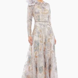 $400 Mac Duggal Lace Gown in Cream and Blue